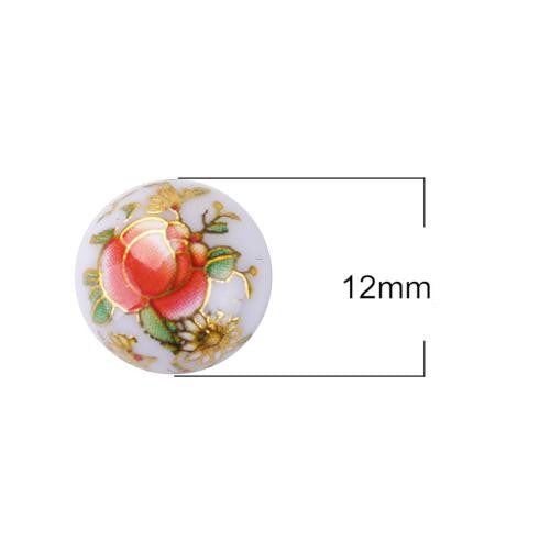 Resin Cabochons, Floral, Japanese Tensha, Red, White, Gold, 12mm - BEADED CREATIONS