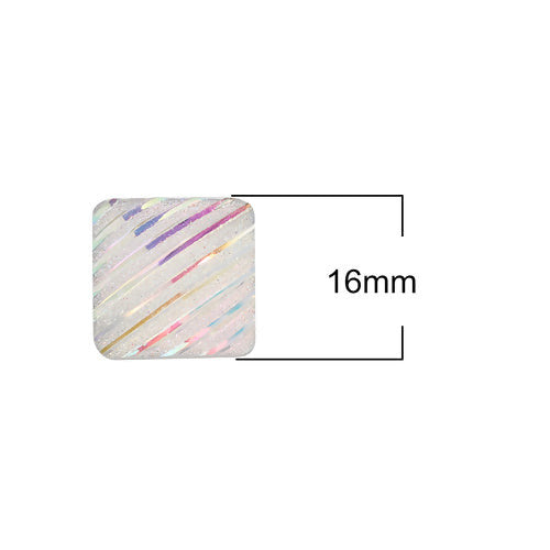 Resin Cabochons, Square, Textured, White, Rainbow, AB, 16mm - BEADED CREATIONS