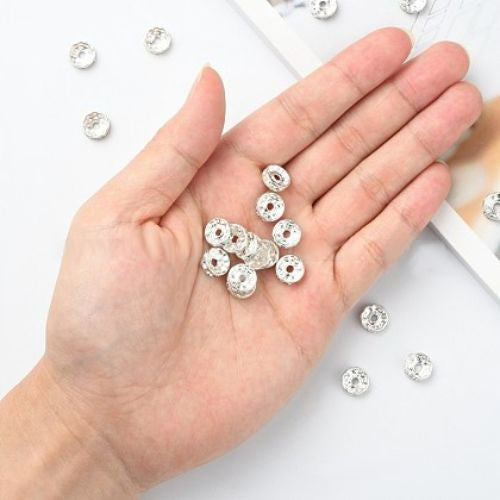 Rhinestone Spacer Beads, Brass, Rondelle, Clear, Silver Plated, 10mm - BEADED CREATIONS