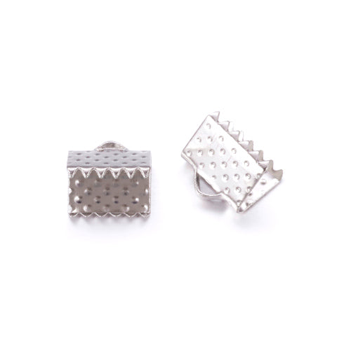 Ribbon Crimp Ends, Textured, Rectangle, Silver Plated, Alloy, 6x8mm - BEADED CREATIONS