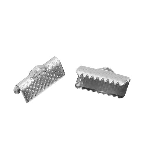 Ribbon Crimp Ends, Textured, Rectangle, Silver, Iron, 13x8mm - BEADED CREATIONS