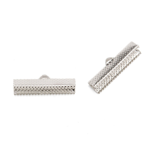 Ribbon Crimp Ends, Textured, Rectangle, Silver, Iron, 25x8mm - BEADED CREATIONS