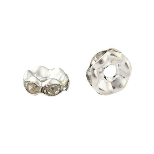 Rondelle Spacer Beads, Wavy Edge, Clear Crystals, Silver Plated, 7mm - BEADED CREATIONS