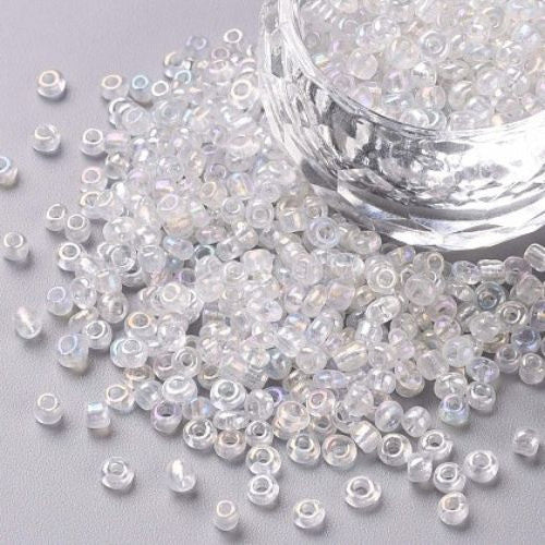 Seed Beads, Glass, #8, Round, Clear, AB, 3mm - BEADED CREATIONS