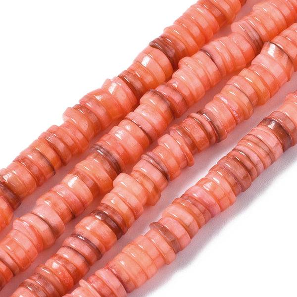 Shell Beads, Natural, Freshwater, Dyed, Dark Salmon, Heishi Disc Beads, Flat, Round, 6mm - BEADED CREATIONS