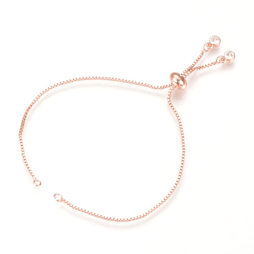 Slider Bracelets, Brass, Box Chain, Adjustable, With Cubic Zirconia, Rose Gold, 24cm - BEADED CREATIONS