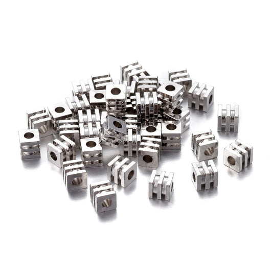 Spacer Beads, Grooved Cube, Silver, Brass, 4mm - BEADED CREATIONS