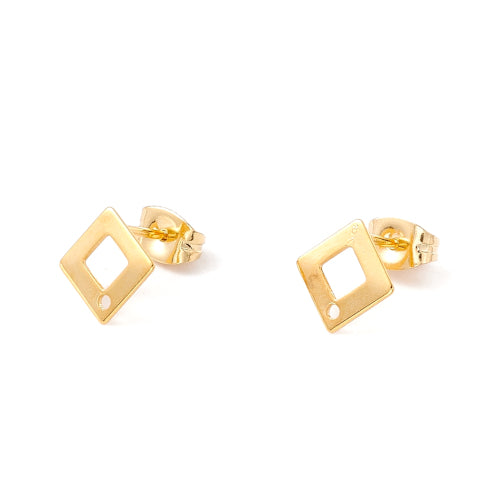 Stud Earring Findings, 201 Stainless Steel, Rhombus, With 304 Stainless Steel Pins And Ear Nuts, 24K Gold Plated, 9.5x9.5mm - BEADED CREATIONS