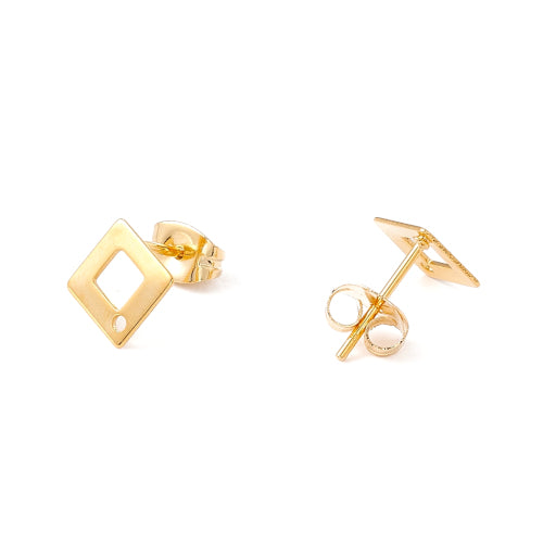 Stud Earring Findings, 201 Stainless Steel, Rhombus, With 304 Stainless Steel Pins And Ear Nuts, 24K Gold Plated, 9.5x9.5mm - BEADED CREATIONS