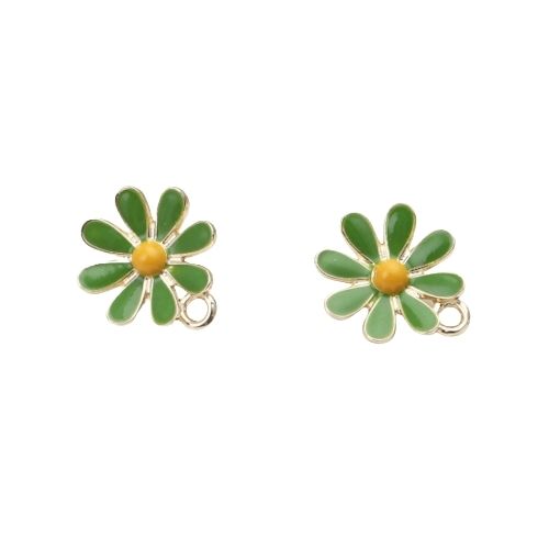 Stud Earring Findings, Alloy, Daisy Flower, Green, Yellow, Enamel, With Closed Loop, Golden, 14.6mm - BEADED CREATIONS