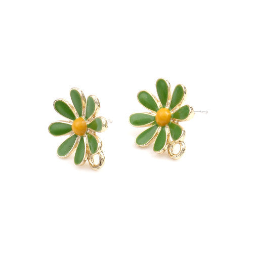 Stud Earring Findings, Alloy, Daisy Flower, Green, Yellow, Enamel, With Closed Loop, Golden, 14.6mm - BEADED CREATIONS