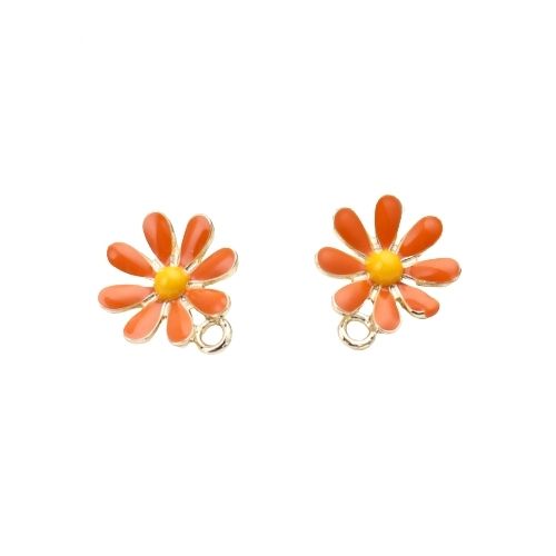 Stud Earring Findings, Alloy, Daisy Flower, Orange, Yellow, Enamel, With Closed Loop, Golden, 14.6mm - BEADED CREATIONS