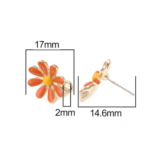 Stud Earring Findings, Alloy, Daisy Flower, Orange, Yellow, Enamel, With Closed Loop, Golden, 14.6mm - BEADED CREATIONS