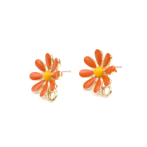 Stud Earring Findings, Alloy, Daisy Flower, Orange, Yellow, Enamel, With Closed Loop, Golden, 14.6mm - BEADED CREATIONS