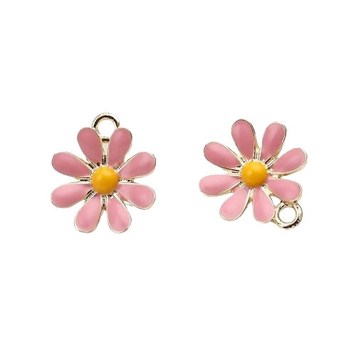 Stud Earring Findings, Alloy, Daisy Flower, Pink, Yellow, Enamel, With Closed Loop, Golden, 14.6mm - BEADED CREATIONS