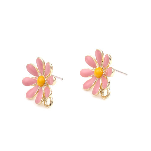 Stud Earring Findings, Alloy, Daisy Flower, Pink, Yellow, Enamel, With Closed Loop, Golden, 14.6mm - BEADED CREATIONS