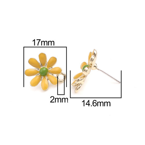 Stud Earring Findings, Alloy, Daisy Flower, Yellow, Green, Enamel, With Closed Loop, Golden, 14.6mm - BEADED CREATIONS