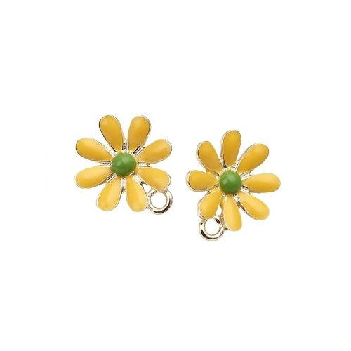 Stud Earring Findings, Alloy, Daisy Flower, Yellow, Green, Enamel, With Closed Loop, Golden, 14.6mm - BEADED CREATIONS