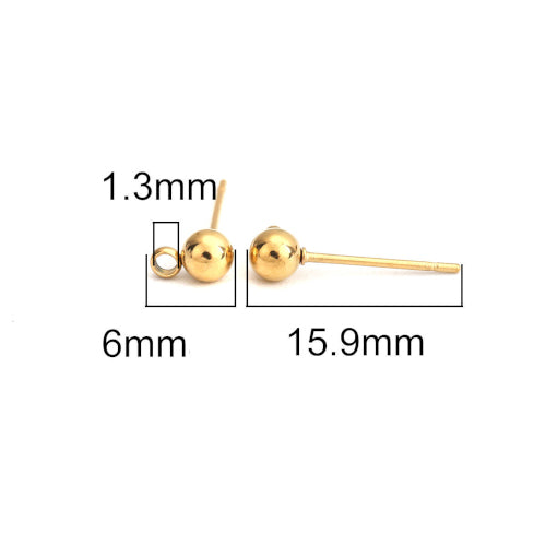 Stud Earring Findings, Ball Post, Stainless Steel, With Closed Loop, Golden, 15.9x4mm - BEADED CREATIONS