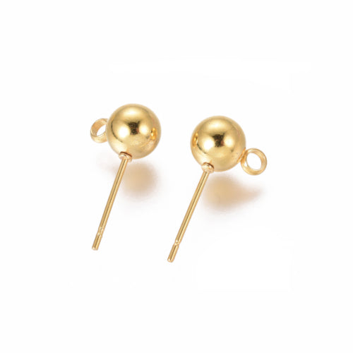 Stud Earring Findings, Ball Post, Stainless Steel, With Closed Loop, Golden, 17x6mm - BEADED CREATIONS