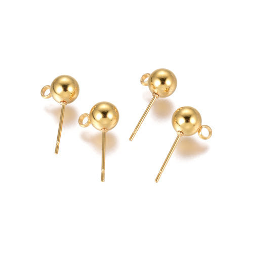 Stud Earring Findings, Ball Post, Stainless Steel, With Closed Loop, Golden, 17x6mm - BEADED CREATIONS