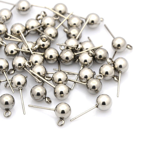 Stud Earring Findings, Ball Post, Stainless Steel, With Closed Loop, Silver, 15x6mm - BEADED CREATIONS