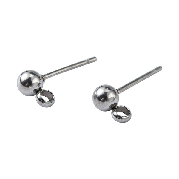 Stud Earring Findings, Ball Post, Stainless Steel, With Closed Loop, Silver, 15x7mm - BEADED CREATIONS