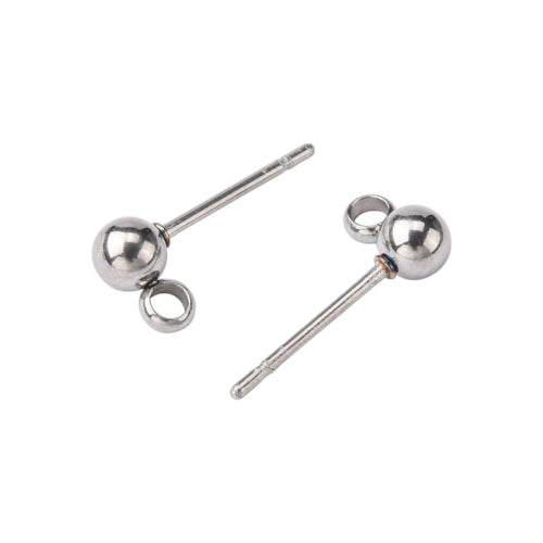 Stud Earring Findings, Ball Post, Stainless Steel, With Closed Loop, Silver, 15x7mm - BEADED CREATIONS