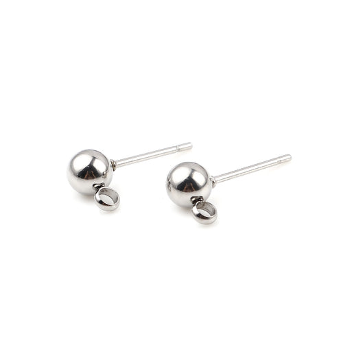 Stud Earring Findings, Ball Post, Stainless Steel, With Closed Loop, Silver, 17x6mm - BEADED CREATIONS