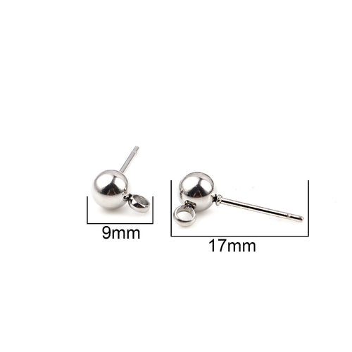 Stud Earring Findings, Ball Post, Stainless Steel, With Closed Loop, Silver, 17x6mm - BEADED CREATIONS