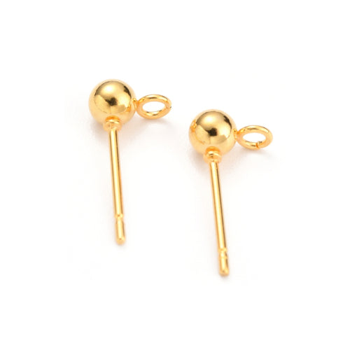 Stud Earring Findings, Ball Post, Stainless Steel, With Open Loop, 18K Gold Plated, 15x4mm - BEADED CREATIONS