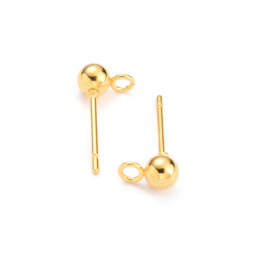 Stud Earring Findings, Ball Post, Stainless Steel, With Open Loop, 18K Gold Plated, 15x4mm - BEADED CREATIONS