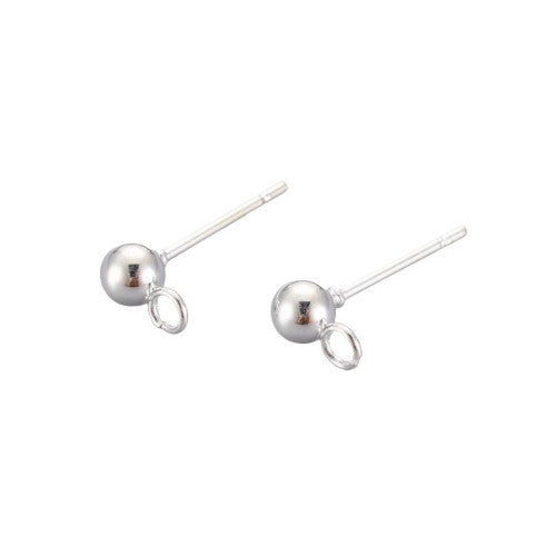 Stud Earring Findings, Ball Post, Stainless Steel, With Open Loop, Silver Plated, 15x7mm - BEADED CREATIONS