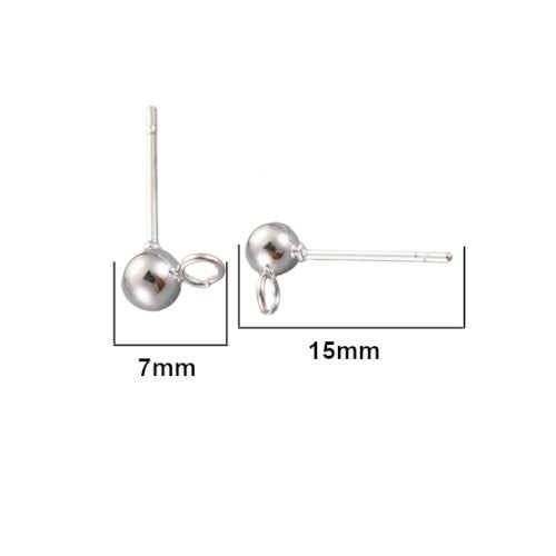 Stud Earring Findings, Ball Post, Stainless Steel, With Open Loop, Silver Plated, 15x7mm - BEADED CREATIONS