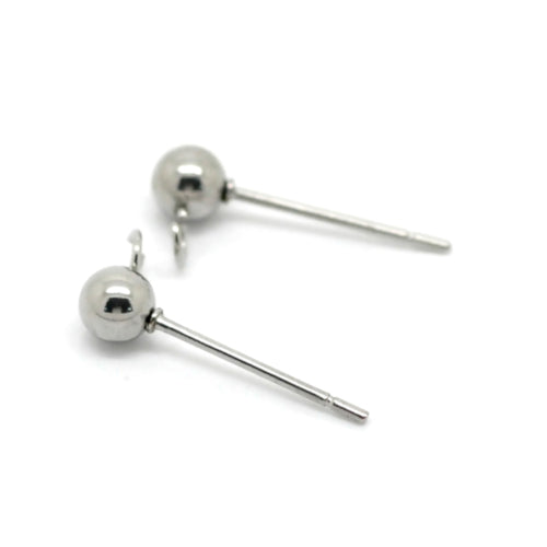 Stud Earring Findings, Ball Post, Stainless Steel, With Open Loop, Silver, 16x4mm - BEADED CREATIONS