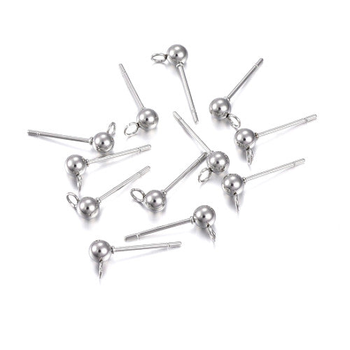 Stud Earring Findings, Ball Post, Stainless Steel, With Open Loop, Silver, 16x4mm - BEADED CREATIONS