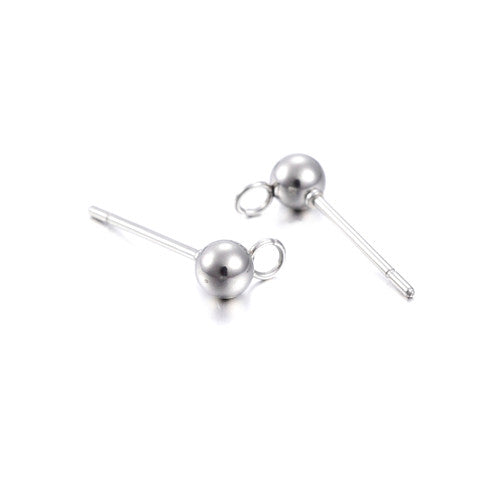 Stud Earring Findings, Ball Post, Stainless Steel, With Open Loop, Silver, 16x4mm - BEADED CREATIONS