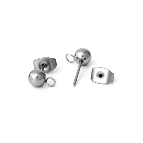 Stud Earring Findings, Ball Post, Stainless Steel, With Open Loop, Silver, 17x8mm - BEADED CREATIONS