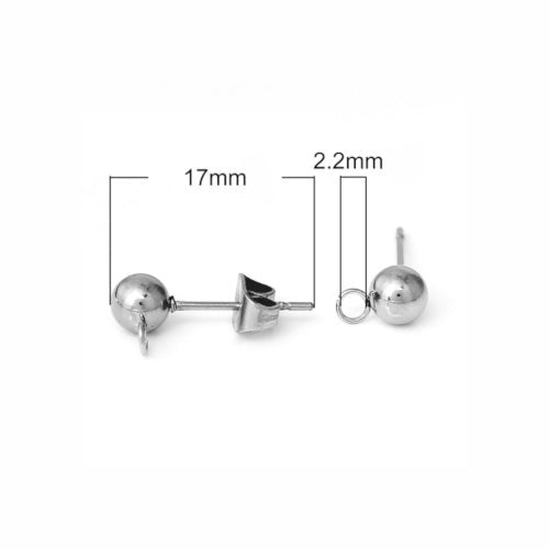 Stud Earring Findings, Ball Post, Stainless Steel, With Open Loop, Silver, 17x8mm - BEADED CREATIONS