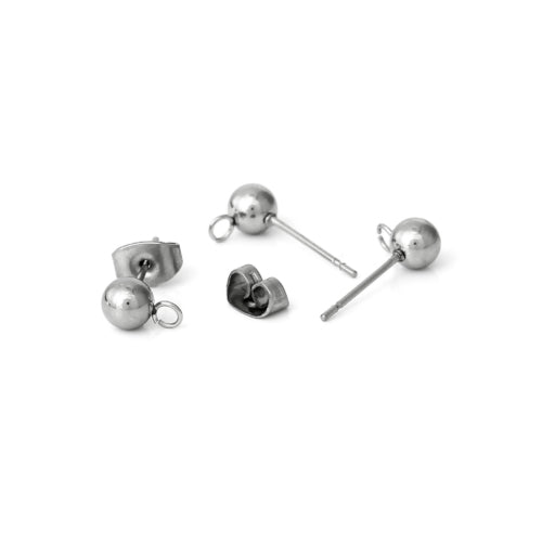 Stud Earring Findings, Ball Post, Stainless Steel, With Open Loop, Silver, 17x8mm - BEADED CREATIONS