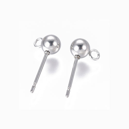 Stud Earring Findings, Ball Post, Stainless Steel, With Open Loops, Silver, 16x5mm - BEADED CREATIONS