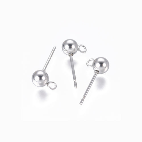 Stud Earring Findings, Ball Post, Stainless Steel, With Open Loops, Silver, 16x5mm - BEADED CREATIONS