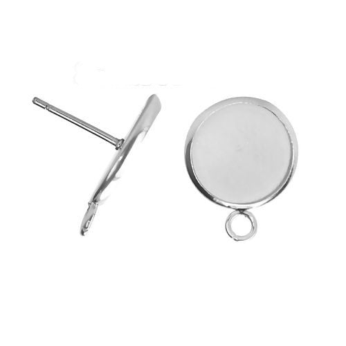 Stud Earring Settings, 304 Stainless Steel, Round, Bezel Cup, With Closed Loop, Silver Tone, 14mm - BEADED CREATIONS