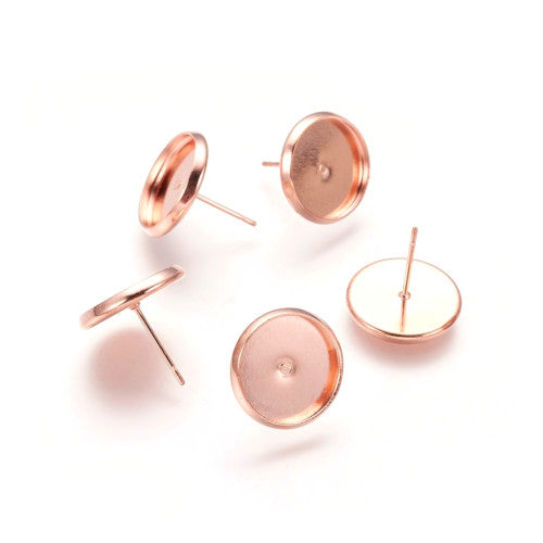 Stud Earring Settings, Brass, Round, Rose Gold, 14mm - BEADED CREATIONS