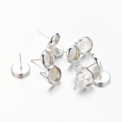 Stud Earring Settings, Brass, Round, Silver Plated, 10mm - BEADED CREATIONS