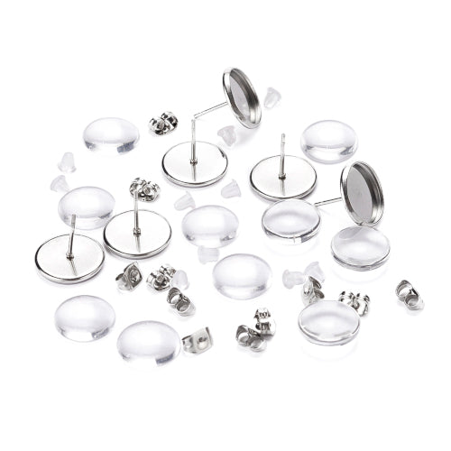Stud Earring Settings, DIY Kit, Includes 304 Stainless Steel Stud Earrings, Ear Nuts, Glass Cabochons, 14mm - BEADED CREATIONS