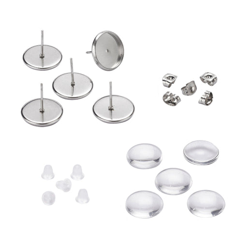 Stud Earring Settings, DIY Kit, Stainless Steel, Silver, 14mm - BEADED CREATIONS