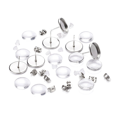 Stud Earring Settings, DIY Kit, Stainless Steel, Silver, 14mm - BEADED CREATIONS