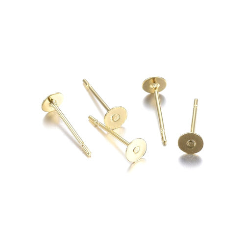 Stud Earring Settings, Stainless Steel, Flat Pad, 18K Gold Plated, 4mm - BEADED CREATIONS