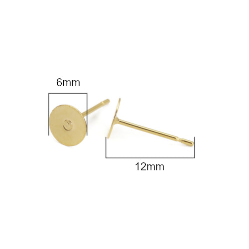 Stud Earring Settings, Stainless Steel, Flat Pad, 24K Gold Plated, 6mm - BEADED CREATIONS
